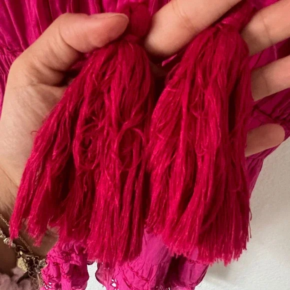 Karina Grimaldi Sz XS Carol Pink Mini Dress Eyelet Puff Sleeves 100% Cotton Boho - Picture 5 of 12